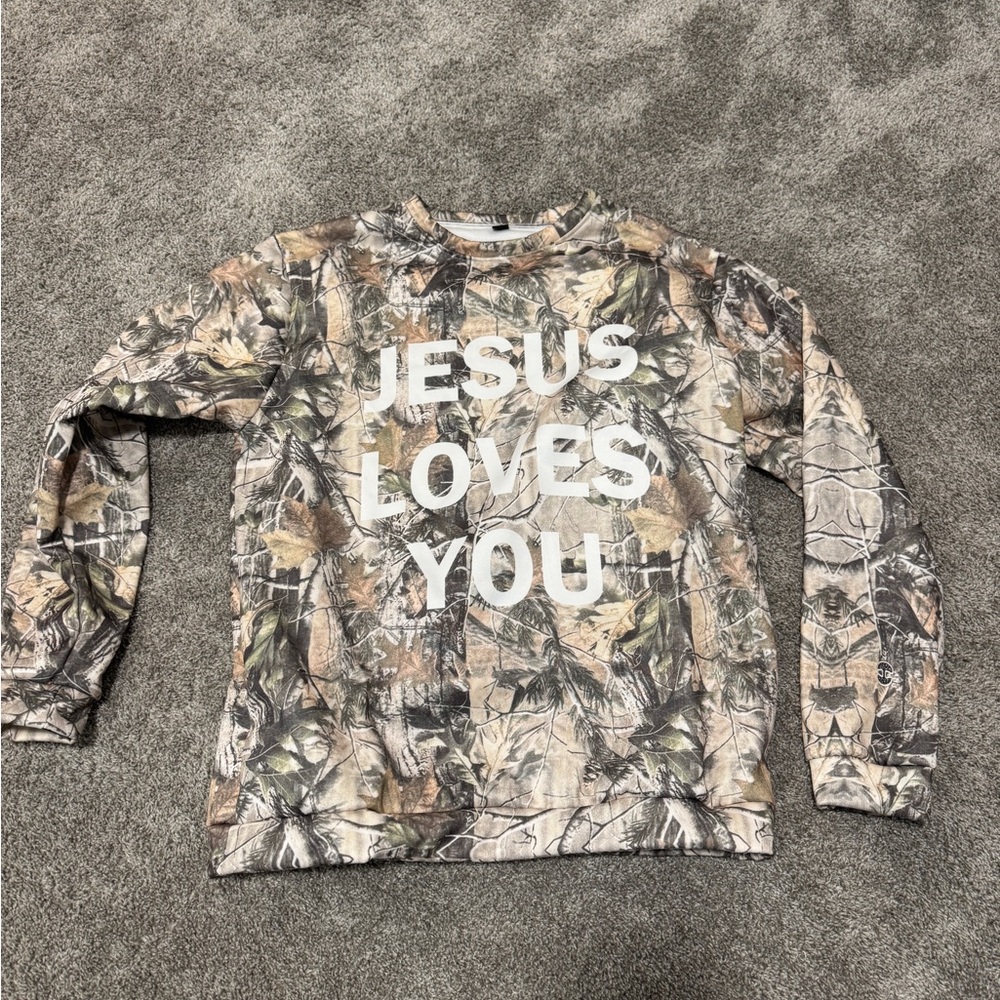 Camo 'Jesus Loves You' Women's Sweater